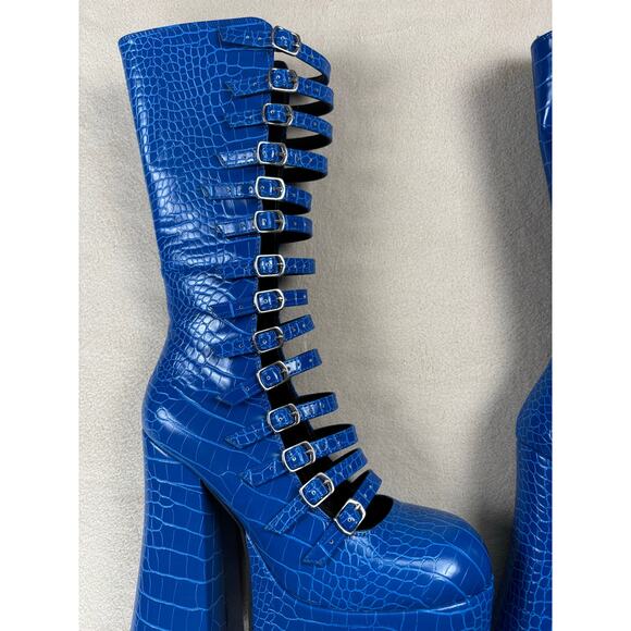 NWOB Dolls Kill Current Mood Hardcore Dazzle Platinum boots blue Sz 10 goth punk - Picture 4 of 10